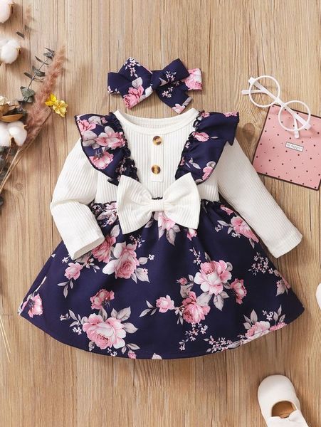 baby 2 in 1 floral ruffle trim bow front dress & headband she, Red;yellow