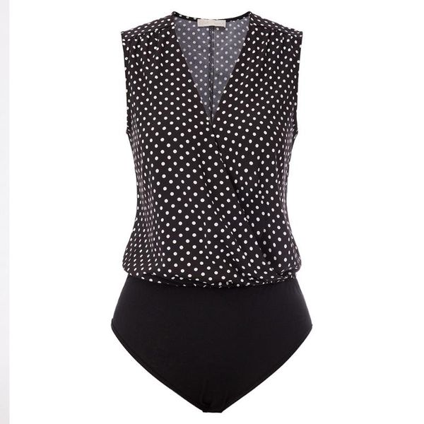 women bodysuits polka dots patchwork bodysuit sleeveless surplice v-neck snap button summer elegant fashion fitting overall, Black;white
women bodysuits polka dots patchwork bodysuit sleeveless surplice v-neck snap button summer elegant fashion fitting overall, Black;white