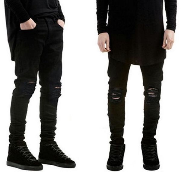 vogue nice men jeans fashion super skinny black slim fit pants with holes denim scratched biker new black ripped jeans, Blue