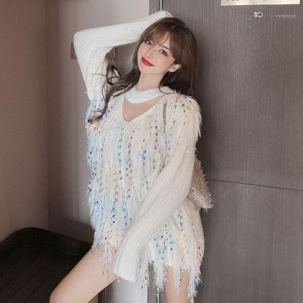 2020 autumn new design sense color furry tassel pullover sweater western loose wild long-sleeved sweater gx12431, White;black
2020 autumn new design sense color furry tassel pullover sweater western loose wild long-sleeved sweater gx12431, White;black