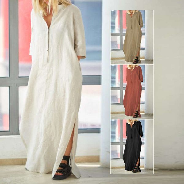 2020 large dress v-neck middle sleeve button cotton linen split loose pocket gown, Black;gray
2020 large dress v-neck middle sleeve button cotton linen split loose pocket gown, Black;gray