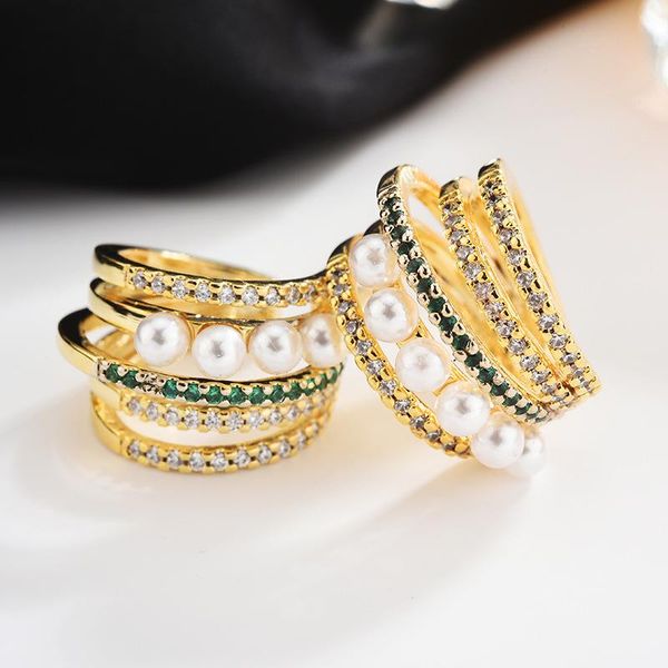 stud luxury multi circle hollow small pearl earrings classic design zircon no ear hole women jewelry clip zk30, Golden;silver