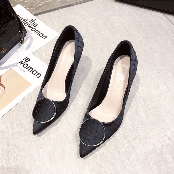 metal buckle stiletto shallow french design pointed black all-match single 2020 female shoes high heels 5dn0