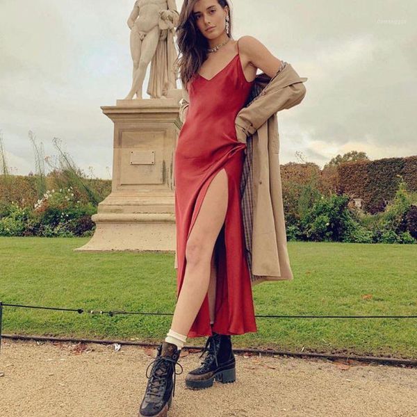 women silky v-neck spaghetti strap evening party maxi long dress solid color high waist backless side split cocktail dress1, White;black 
women silky v-neck spaghetti strap evening party maxi long dress solid color high waist backless side split cocktail dress1, White;black