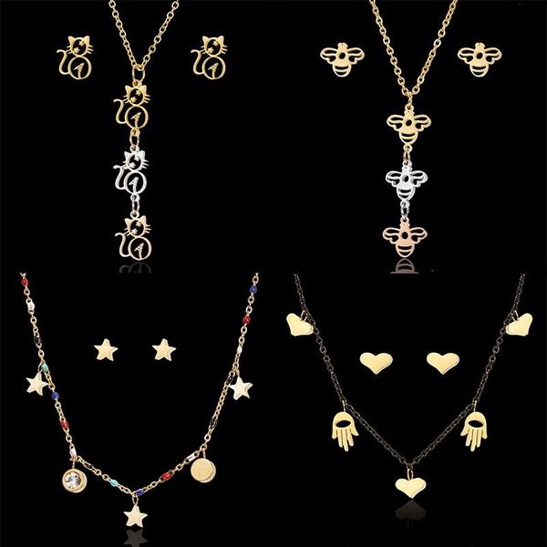 1set gold silver color rose gold stainless steel hollow bee cat star cross heart pendant necklace stud earring jewelry set
1set gold silver color rose gold stainless steel hollow bee cat star cross heart pendant necklace stud earring jewelry set