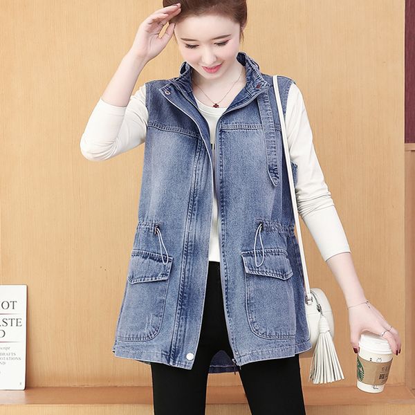 loose collar with thin waist denim female veat size without sleeves jean coat streetwear pocket large zipper outwear, Black;white
loose collar with thin waist denim female veat size without sleeves jean coat streetwear pocket large zipper outwear, Black;white