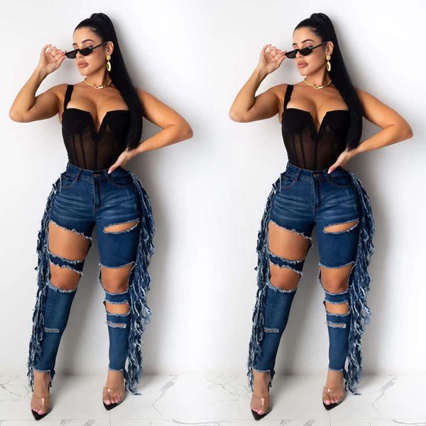 2020 new selling women's wear big hole tassel washed jeans, Blue
2020 new selling women's wear big hole tassel washed jeans, Blue
