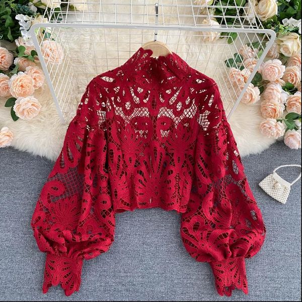 lace hollow out short blouse casual lantern long sleeve stand collar shirts female elegant red pink white loose 2021
lace hollow out short blouse casual lantern long sleeve stand collar shirts female elegant red pink white loose 2021