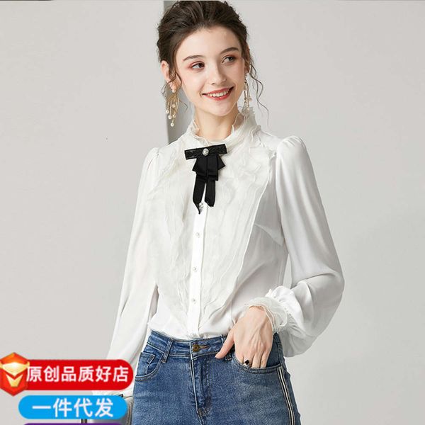 style silk long sleeve 2021 spring new drs ruffle women's shirt, White