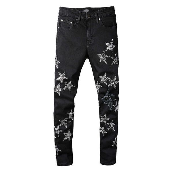 men's jeans 826 personalized fashion trend black star patch pierced jeans young men's elastic slim feet, Blue
men's jeans 826 personalized fashion trend black star patch pierced jeans young men's elastic slim feet, Blue