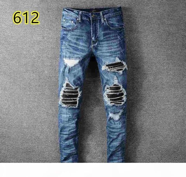 new tide hole stretch elastic slim feet pants embroidered collage jeans fashion brand mens trousers, Blue 
new tide hole stretch elastic slim feet pants embroidered collage jeans fashion brand mens trousers, Blue