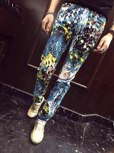 28-38 men's slim personality fashion new flower print jeans trousers plus size skinny pants singer costumes1, Blue
28-38 men's slim personality fashion new flower print jeans trousers plus size skinny pants singer costumes1, Blue