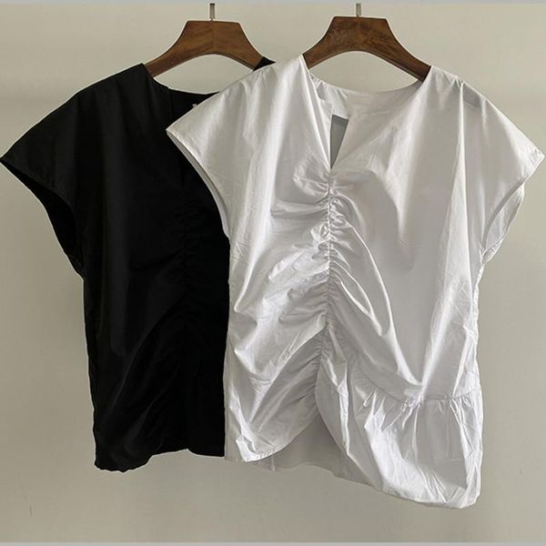 women asymmetry pleated blouse lady casual short sleeve white or black simple shirt and top