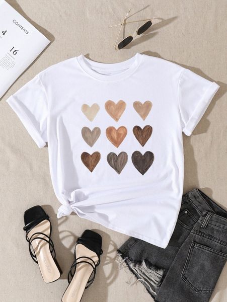 heart print crew neck tee i1nv#, White