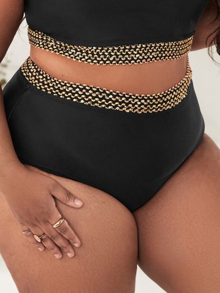 plus contrast tape bikini bottom t4tr#, Black