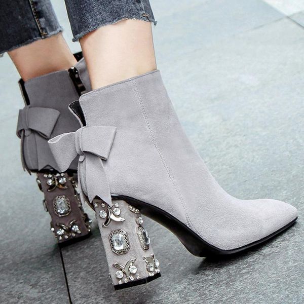 women's genuine suede leather thick high heel autumn ankle boots crystal heel square toe bow tie short booties dress shoes women, Black
women's genuine suede leather thick high heel autumn ankle boots crystal heel square toe bow tie short booties dress shoes women, Black