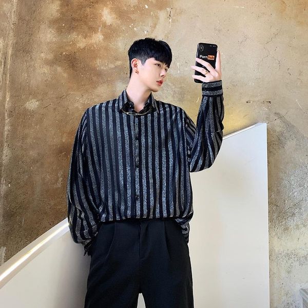 men's casual shirts men streetwear hip hop long sleeve silver wire shining loose striped male party dress stage show clothing, White;black
men's casual shirts men streetwear hip hop long sleeve silver wire shining loose striped male party dress stage show clothing, White;black