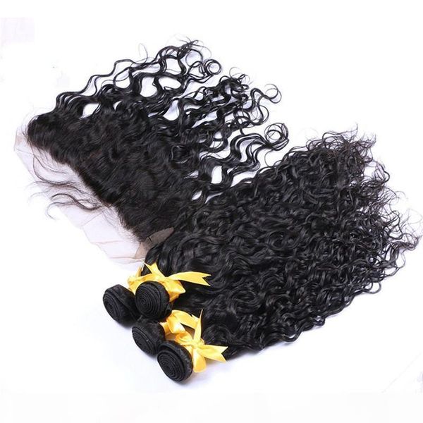 wet and wavy peruvian virgin human hair weaves with frontal water wave 13x4 full lace frontal closure part with 4bundles 5pcs lot, Black;brown