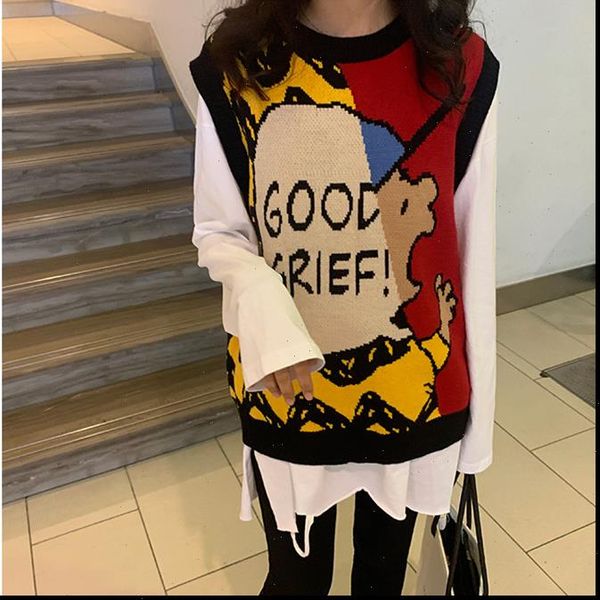 knitted sweater vest women 2021 fall winter korean cute cartoon sleeveless pullover jumper oversized sweater tank t406, White;black
knitted sweater vest women 2021 fall winter korean cute cartoon sleeveless pullover jumper oversized sweater tank t406, White;black
