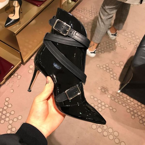 pointed toe women ankle boots belt buckle decor short booties zipper women shoes high thin heels patent leather shoes chic, Black
pointed toe women ankle boots belt buckle decor short booties zipper women shoes high thin heels patent leather shoes chic, Black