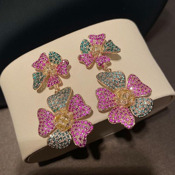 fashion cz double big flower dangle earring for women, Silver 
fashion cz double big flower dangle earring for women, Silver