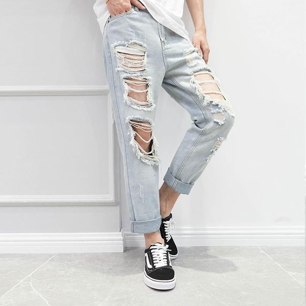 men's jeans slacks korean version of nine split pants hip hop ripped knees nightclub stage wear, Blue
men's jeans slacks korean version of nine split pants hip hop ripped knees nightclub stage wear, Blue