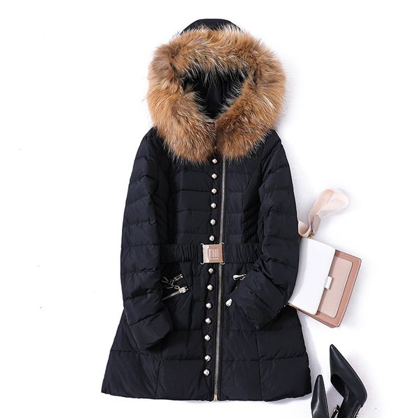 real winter raccoon skin collar cute hood duck down women's rivets thick beads jacket with blet f2223, Black
real winter raccoon skin collar cute hood duck down women's rivets thick beads jacket with blet f2223, Black