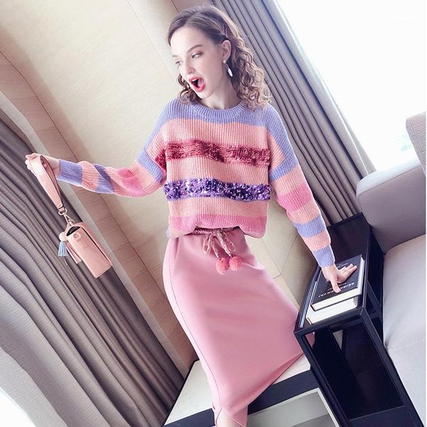 women's knit skirt set autumn and winter new fashion temperament commute striped sequin sweater with skirt two-piece1, White
women's knit skirt set autumn and winter new fashion temperament commute striped sequin sweater with skirt two-piece1, White