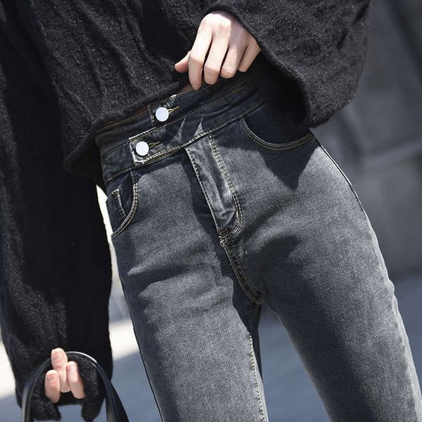 autumn and winter button high waisted jeans women show thin black skinny korean version of small foot pencil pants, Blue