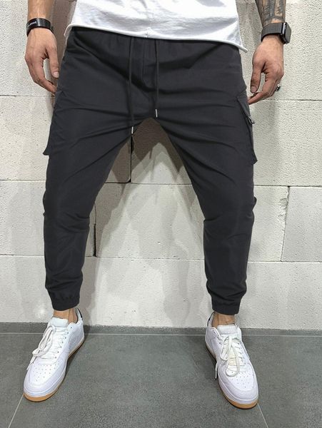 men solid flap pocket cargo pants q7vo#, Black