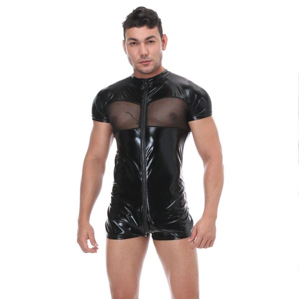 3pieces/lot mens mesh bodysuits jumpsuits faux leather black zipper short sleeve performance club costumes undershirts, Black;brown
3pieces/lot mens mesh bodysuits jumpsuits faux leather black zipper short sleeve performance club costumes undershirts, Black;brown