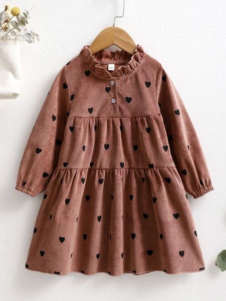 toddler girls frill neck heart print corduroy smock dress she, Red;yellow