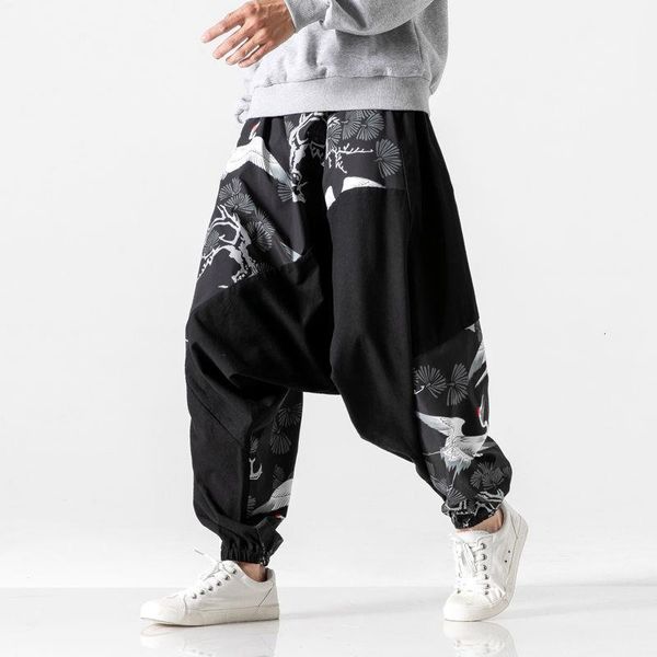 

chinese style streetwear pants summer thin section beam feet harem pants trend printing casual pants fat fat loose crotch, Black