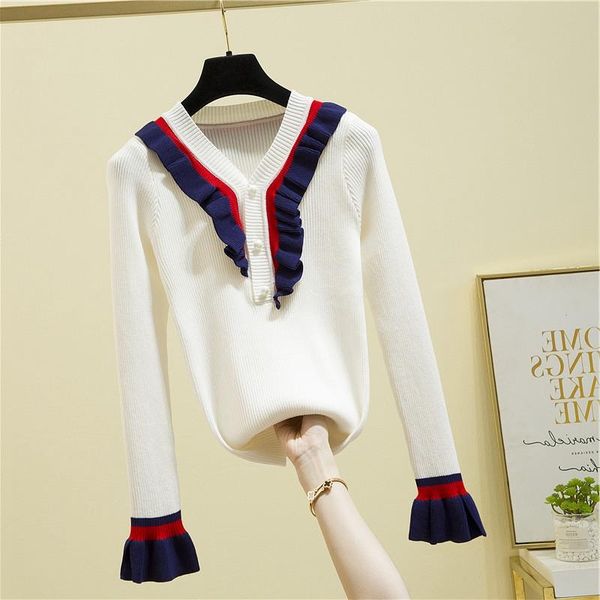 women's sweaters autumn and winter 2021 style ruffles v neck knit sweet flare sleeve sweater women, White;black
women's sweaters autumn and winter 2021 style ruffles v neck knit sweet flare sleeve sweater women, White;black