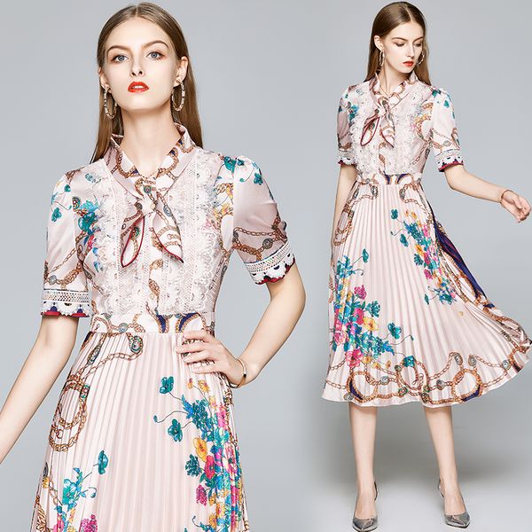 2021 new banulin women spring summer runway designer short sleeve bow neck lace stitching printed slim pleated es 387c, Black;gray
2021 new banulin women spring summer runway designer short sleeve bow neck lace stitching printed slim pleated es 387c, Black;gray