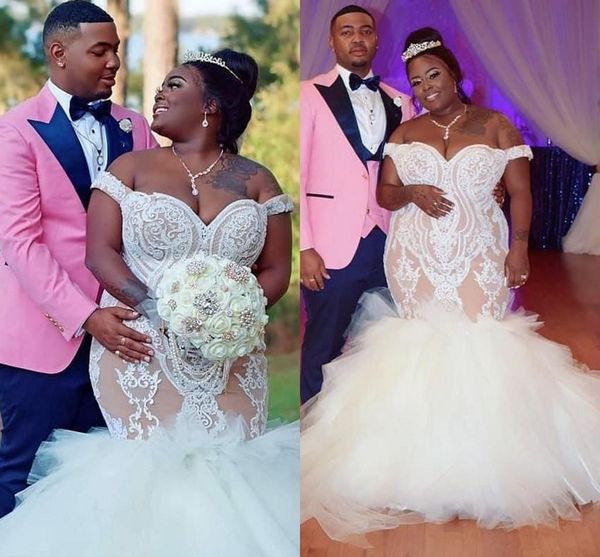african plus size mermaid wedding dresses lace applique tulle tiered skirt sweep train custom made off the shoulder straps wedding gowns, White
african plus size mermaid wedding dresses lace applique tulle tiered skirt sweep train custom made off the shoulder straps wedding gowns, White