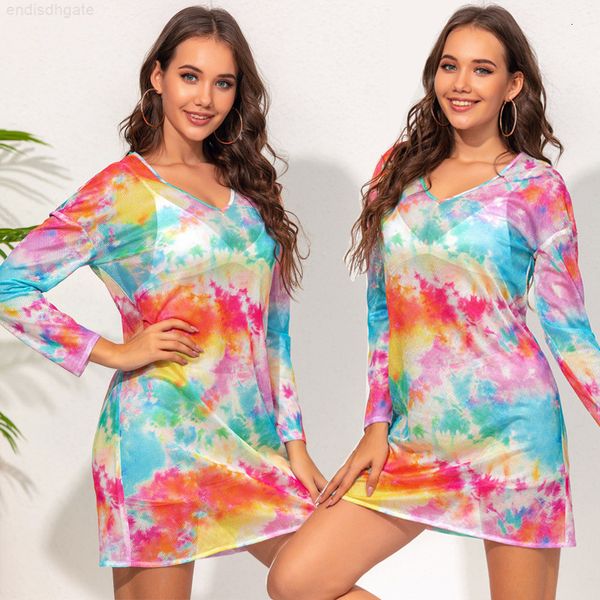design women's autumn new v-neck long sleeve perspective color tie dye dress, White
design women's autumn new v-neck long sleeve perspective color tie dye dress, White