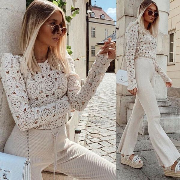 women lace crochet hollow out long sleeve shirt shirts see-through blouse1, White