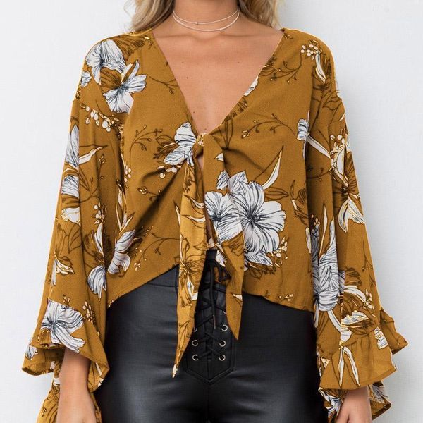 women summer v neck flare sleeve flower printed casual short blouse clothes jl1, Black;brown
women summer v neck flare sleeve flower printed casual short blouse clothes jl1, Black;brown