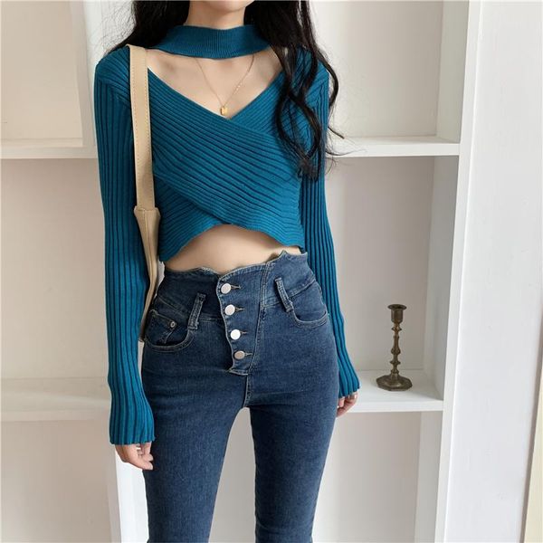 women's sweaters halter neck cross v-neck knitted small sweater women autumn and winter slim short inner long-sleeved bottoming top, White;black
women's sweaters halter neck cross v-neck knitted small sweater women autumn and winter slim short inner long-sleeved bottoming top, White;black
