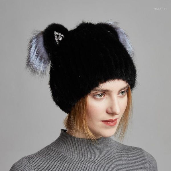 winter new style natural cap for women vertical weaving mink hat lovely cat ears with fur style hats1, Blue;gray