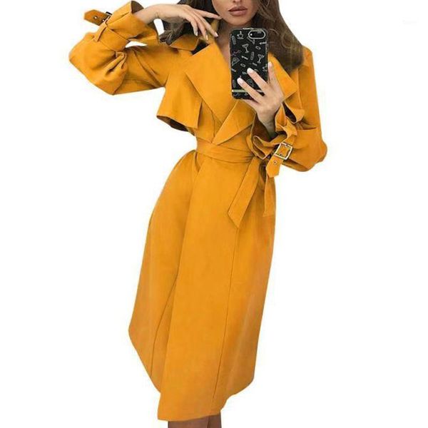 womens long coats bandage ruffle windbreaker jackets winter spring office lady coat solid yellow clothes plus size s-2xl sj5155v1, Black;brown 
womens long coats bandage ruffle windbreaker jackets winter spring office lady coat solid yellow clothes plus size s-2xl sj5155v1, Black;brown