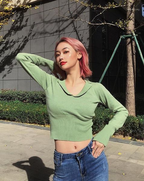 women's sweaters spring and autumn europe the united states slim crop navel knitting sweater lapel waist high long sleeve bottom sh1, White;black
women's sweaters spring and autumn europe the united states slim crop navel knitting sweater lapel waist high long sleeve bottom sh1, White;black