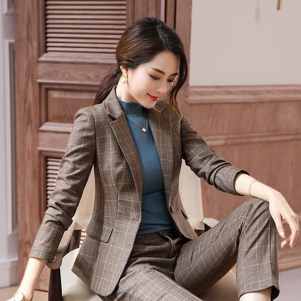 women 2 pieces set plaid formal pant suit office lady uniform designs for women business high-quality slim suits work wear, White
women 2 pieces set plaid formal pant suit office lady uniform designs for women business high-quality slim suits work wear, White
