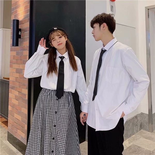 couple long sleeve loose summer dk uniform men's and women's college style basic white shirt student jk, White;black
couple long sleeve loose summer dk uniform men's and women's college style basic white shirt student jk, White;black