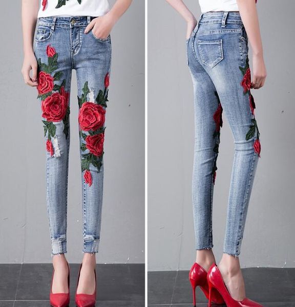 women's korean fashion rose flower embroidery slim female jeans plus size elastic long pants tb647, Blue
women's korean fashion rose flower embroidery slim female jeans plus size elastic long pants tb647, Blue