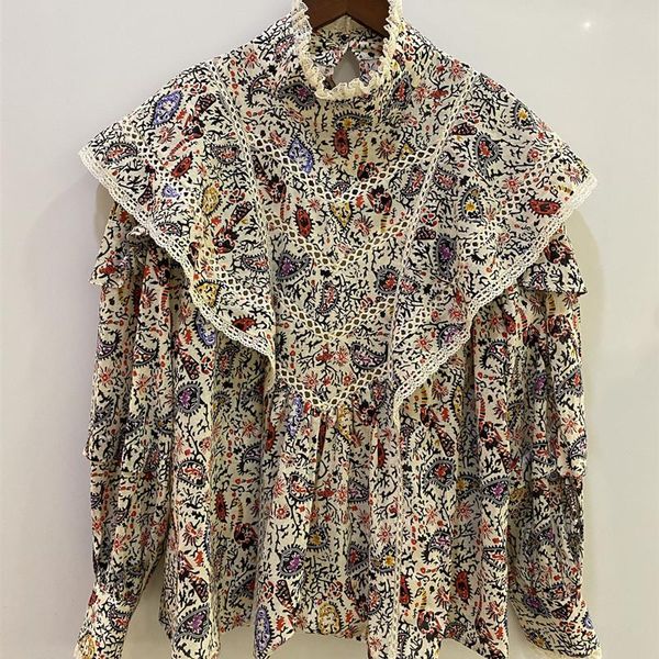 women retro cashew print blouse long sleeve lace stitching tirm ruffles lady hollow out shirt and 2020 new, White