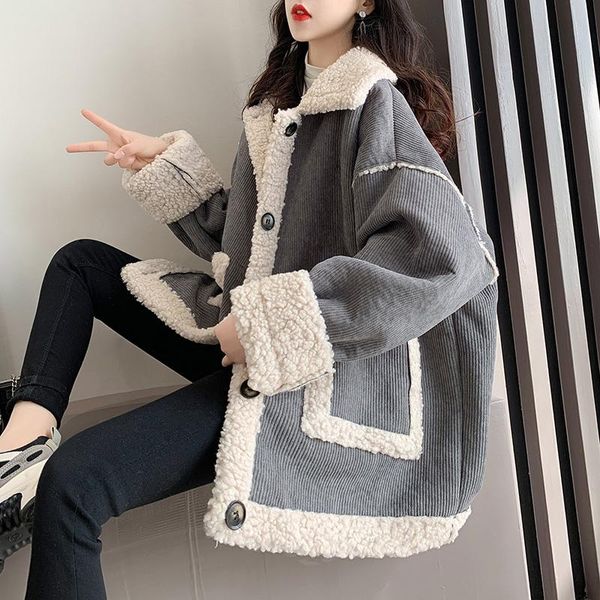women's fur & faux corduroy jacket winter women lamb thicken warm pocket loose solid female cardigan outwear coats, Black
women's fur & faux corduroy jacket winter women lamb thicken warm pocket loose solid female cardigan outwear coats, Black