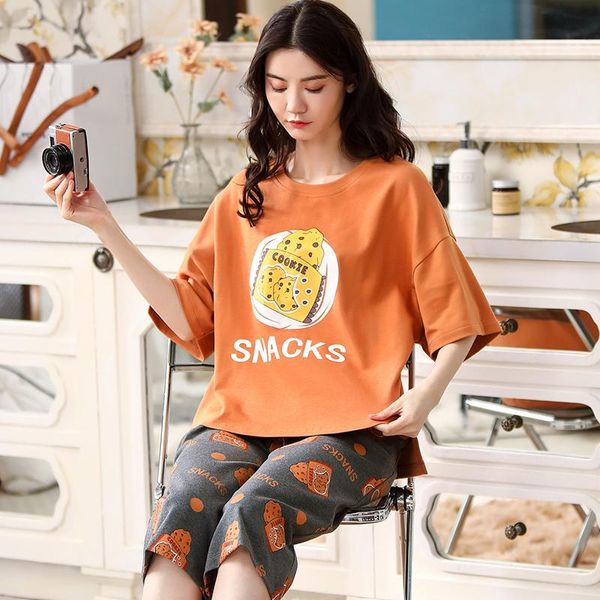 summer ladies round neck homewear pajamas set sweet and cute five-point sleeve cartoon cotton soft korean loose casual sleepwear, Black;brown
summer ladies round neck homewear pajamas set sweet and cute five-point sleeve cartoon cotton soft korean loose casual sleepwear, Black;brown