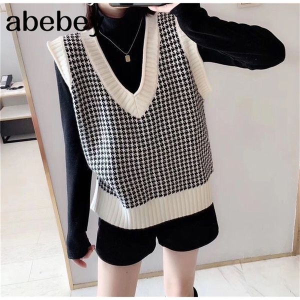 knit sweater vest women winter korean style vintage houndstooth geometric plaid v neck sleeveless pullover oversize jumper y201128, White;black
knit sweater vest women winter korean style vintage houndstooth geometric plaid v neck sleeveless pullover oversize jumper y201128, White;black
